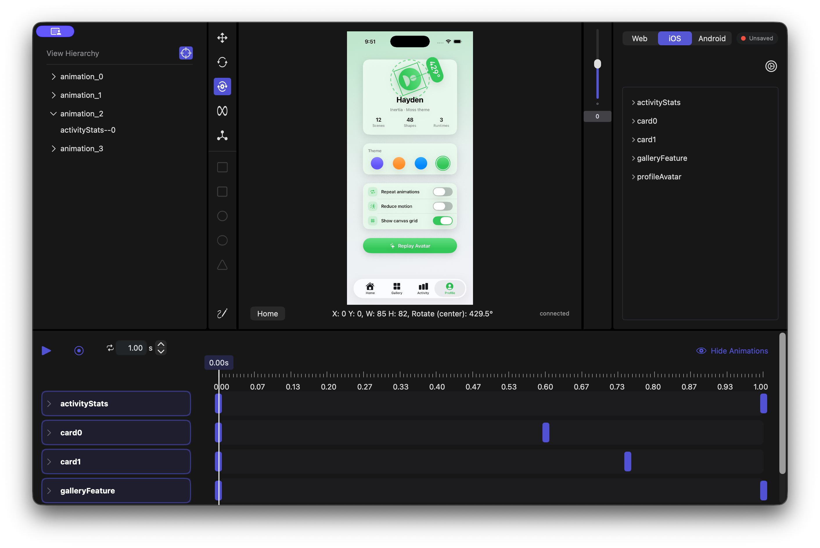 The Inertia editor: view hierarchy on the left, a live iOS build in the centre with a card being dragged, and a keyframe timeline along the bottom.